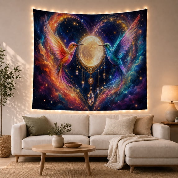 Moon Stars Two with Iridescent Hummingbirds Facing Each, Mystical Fantasy for Space Lovers, Galaxy Room Decor, Housewarming Gift, Tapestry Wall Hanging for Bedroom and Dorm