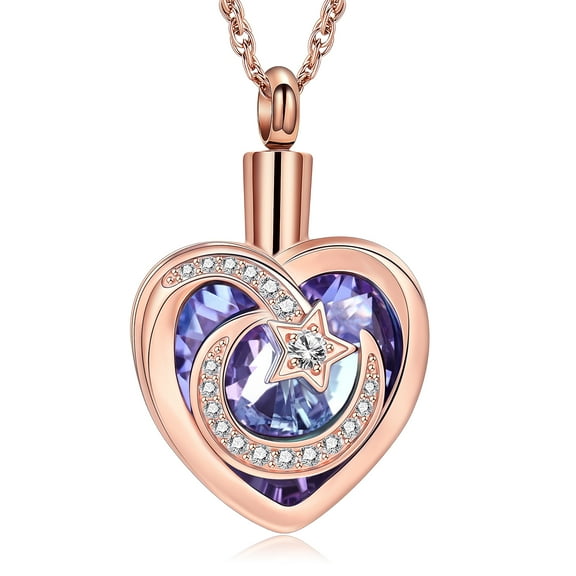 Moon & Stars Urn Necklace for Ashes Stainless Steel Heart Crystal Pendant for Ashes Keepsake Memorial Cremation Jewelry Gift for Woman Men