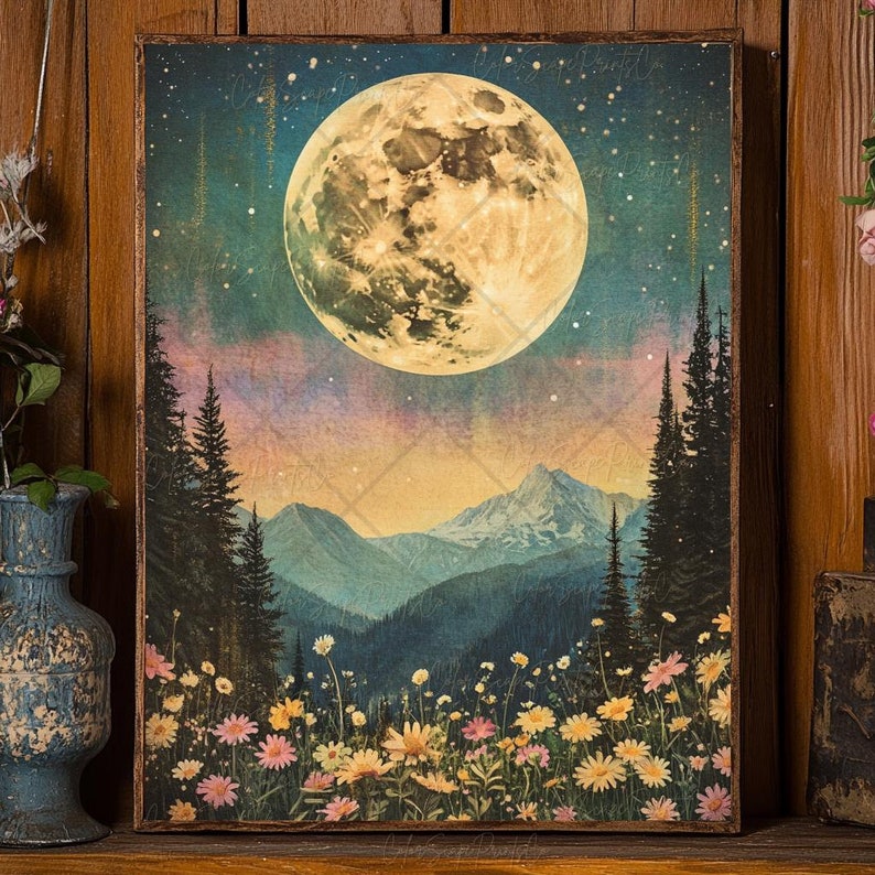 Moon and Stars Wall Art Vintage Night Landscape Celestial Wall Art Dark ...