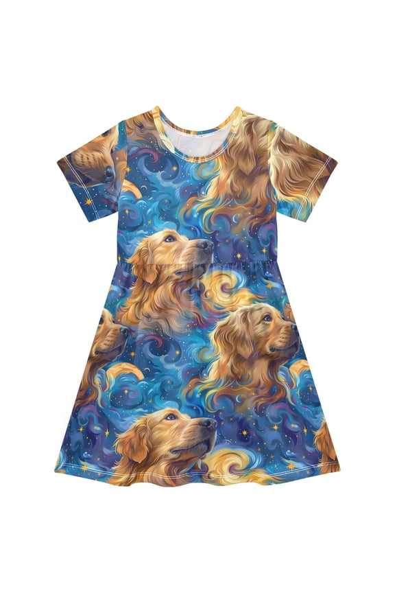 Moon Stars White Cloud Short Sleeve Dress A-Line Cute Midi Casual Sundress 2-8 Years