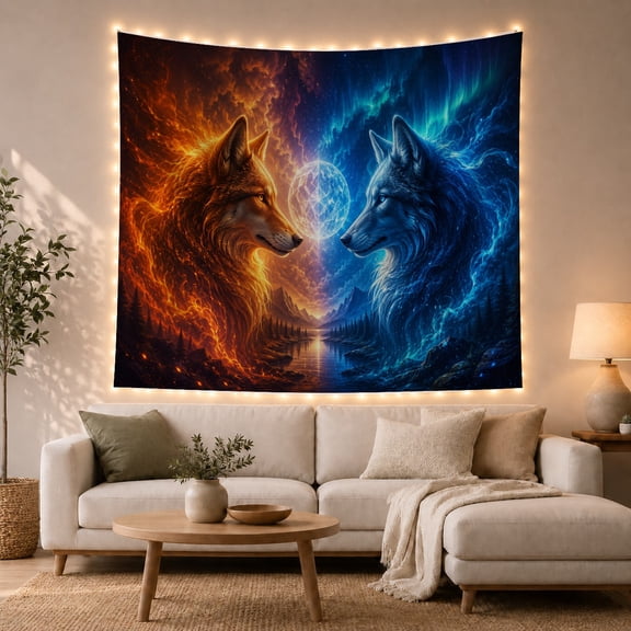 Moon Stars Wolves with Profile Facing Each Other, Mystical Fantasy for Space Lovers, Galaxy Room Decor, Graduation Gift, Tapestry Wall Hanging for Bedroom and Dorm