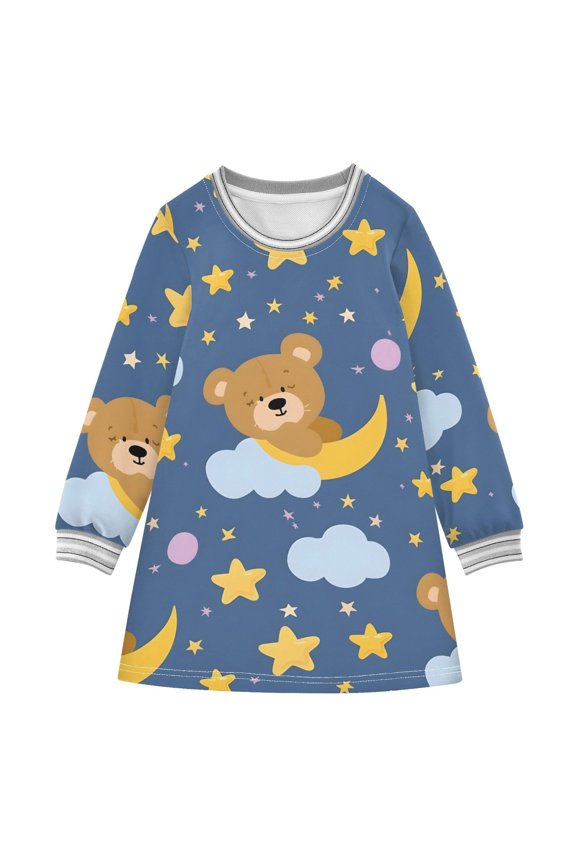 Moon Stars and Bears Girls'long-sleeved dress Thickened A-dress Warm Dress Basic Shirt Party Dresses
