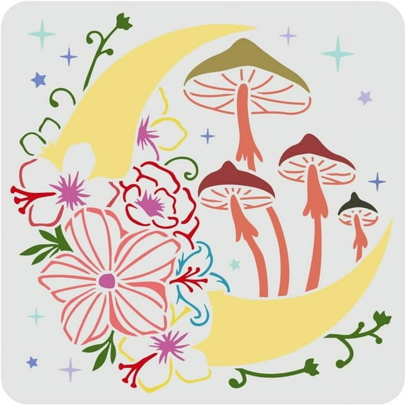 Moon Stencil 11.8x11.8inch Plastic Moon Stars Flowers Drawing Painting Stencils Flowers Mushroom Pattern Reusable Stencils for DIY