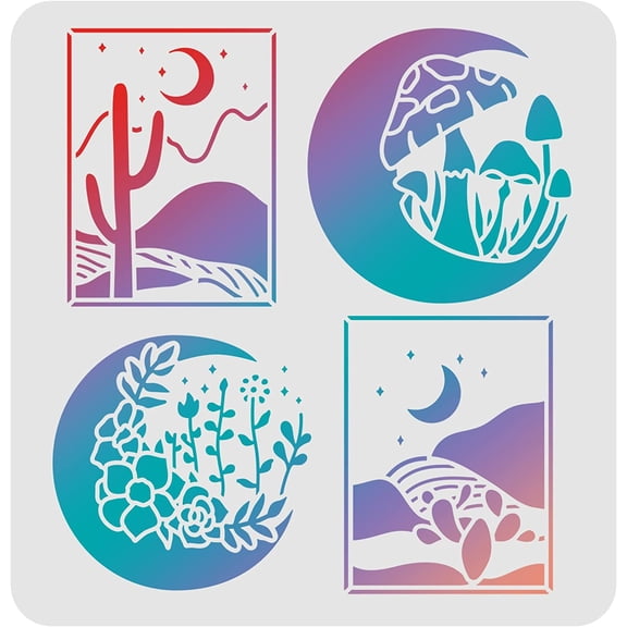 Moon Stencils Template 11.8x11.8inch Plastic Moon Mushroom Flower Drawing Painting Stencils Desert Pattern Reusable Stencils for Painting on Wood Floor Wall and Tile