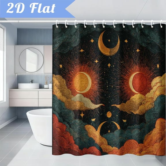 Moon And Sun Celestial Pattern 2D Flat Printing Shower Curtain 70x70 Inch with 12 Hook Bathroom Additions Easy to Clean And Install Easy Shower Curtain Fantasy Art Curtain Design Vibr