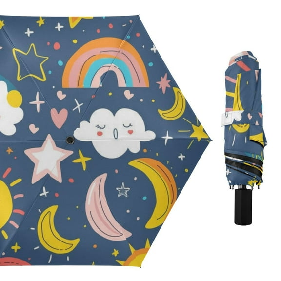 Moon Sun Clouds Rainbows Stars All Weather Umbrella Triple Folding Parasol 6 Ribs UV Protection Portable