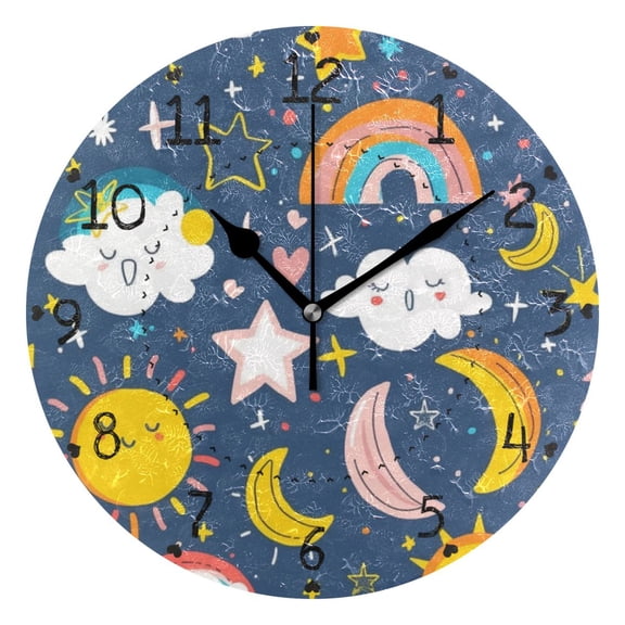 Moon Sun Clouds Rainbows Stars Round Wall Clock Silent Analog Battery Operated Black Pointer Home Decor 9.84" Diameter