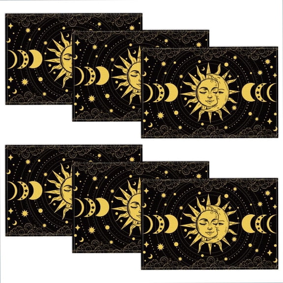 Moon Sun Placemats Set of 6 17.1x11.8 Inch Retro Boho Moon Table Place Mats Astrology Theme Heat Resistant Linen Table Mat Washable Non-Slip Home Placemat for DIY