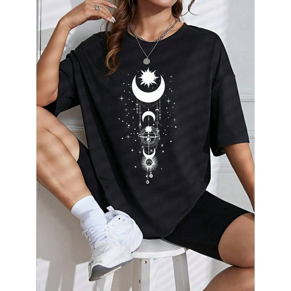 Moon & Sun Print Drop Shoulder Tee Graphic Tees Women Tops