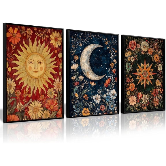 Moon Sun Star Celestial Wall Art Tarot Card Vintage Poster Decor Gothic Witchy Aesthetic Canvas Wall Art Boho Flower Mystical Astrology Painting Dark Academia Posters for Bedroom Unframed