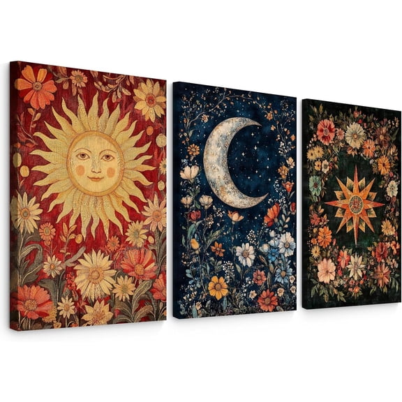 Moon Sun Star Celestial Wall Art Tarot Card Vintage Poster Decor Gothic Witchy Aesthetic Canvas Wall Art Boho Flower Mystical Astrology Painting Dark Academia Posters for Bedroom Unframed