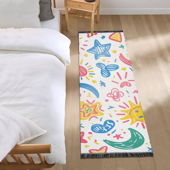 Moon Sun Stars Doddle Lines Bedside Runner Rug 2'x 6' Non Slip Carpet Floor Mat Area Rug