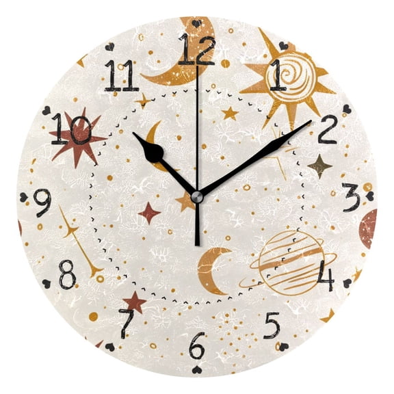 Moon Sun Stars and Planets Round Wall Clock Silent Analog Battery Operated Black Pointer Home Decor 9.84" Diameter