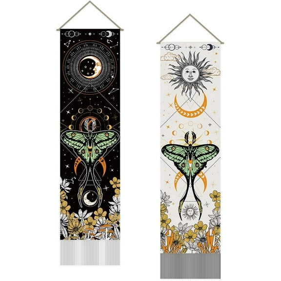 Moon Sun Tapestry divination Moth Witchy Home Decor Flower Wall Blanket 2 Tapestries Long Tapestry Wall Hanging with Tassel Design for Living Room Bedroom Dorm Decor Brown