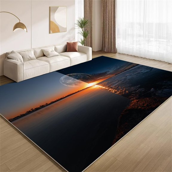 Moon Sunset Ocean Area Rugs, Sci-Fi Alien Planet Carpet, Washable Non Slip Low Pile Soft Rug for Living Room Bedroom Office Study Hallway Decor Mat 5ftx8ft