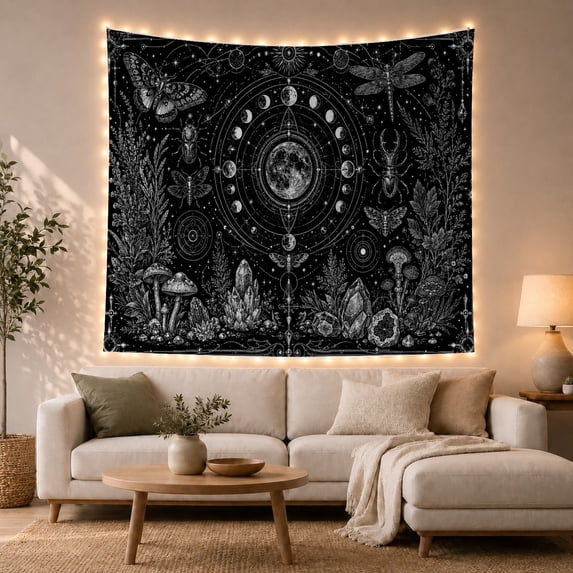 Moon Surrounded by Insects and Mushrooms, Mysterious Illustration for Nature Lovers, Dark Celestial Botanical Decor, Halloween Gift, Tapestry Wall Hanging for Bedroom and Living Room