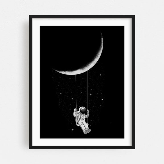 Moon_Swing - Digital Art Astronaut Space Moon Surrealism Night Sky Stars Cosmic Black Framed Wall Art Print 11 x 14 inches