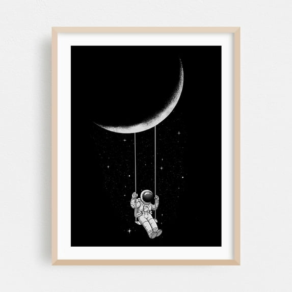 Moon_Swing - Digital Art Astronaut Space Moon Surrealism Night Sky Stars Cosmic Oak Framed Wall Art Print 16 x 20 inches