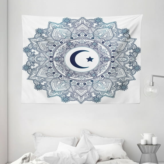 Moon Tapestry, Islamic Symbol in Eastern Design Ramadan Celebrations Vintage Circle Pattern, Wall Hanging for Bedroom Living Room Dorm Decor, 80W X 60L Inches, Dark Blue Teal White, by Ambesonne