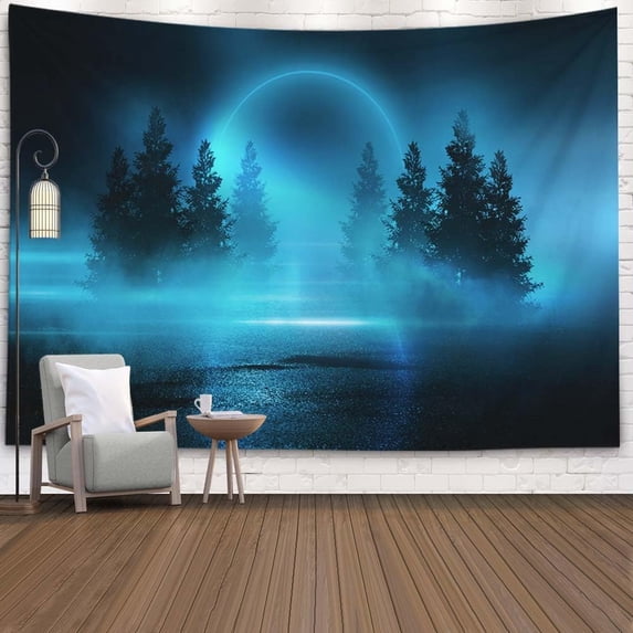 Moon Tapestry - Moonlight Shine Dark Natural Scene with Reflection in Water - Neon Blue Tree - 60x40 - Dorm Tapestry