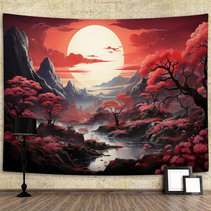 Moon Tapestry, Trippy Forest Tree Tapestry, Vintage Aesthetic Wall