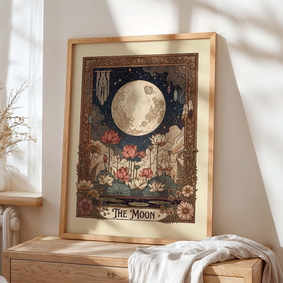 Moon Tarot Art Nouveau Lotus Botanical Celestial Wall Hanging, Unframed Paper Poster 8x10in
