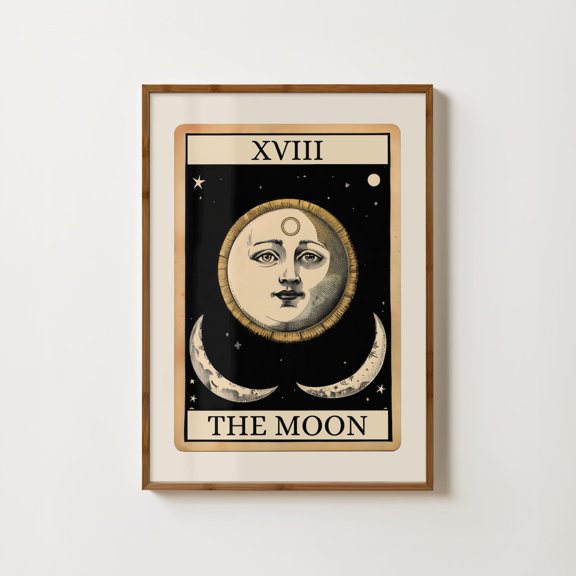 Moon Tarot Card Print Moon Spiritual Print Witchy Meditation Print Folk Illustration Mystical Wall Art Boho Bedroom Decor Home Decor #1225, Unframed Poster Size 8x12