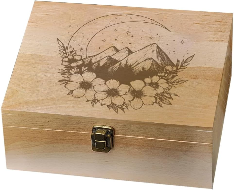 Moon Theme Wooden Memory Keepsake Box Stars Flowers Mountains Metal Knot Box with Hinged Lid and Lock Decorative Storage Box Stash Box for Photo Letter Souvenir Jewelry 7.6x9.6x4inch BurlyWood