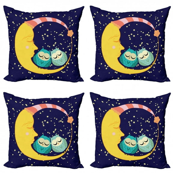 Moon Throw Pillow Cushion Case Pack of 4, Night Themed Graphic of Sleeping Owl Couple on Crescent Cartoon, Modern Accent Double-Sided Print, 4 Sizes, Indigo and Multicolor, by Ambesonne