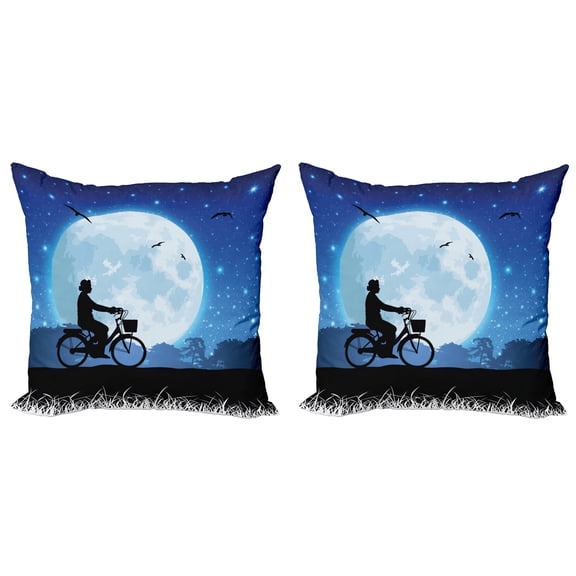 Ambesonne Moon Throw Pillow Cover 2 Pack, Person Rides Bicycle Night, 24", Blue Black White
