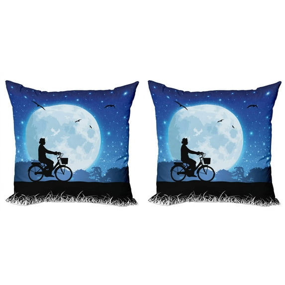 Ambesonne Moon Throw Pillow Cover 2 Pack, Person Rides Bicycle Night, 24", Blue Black White