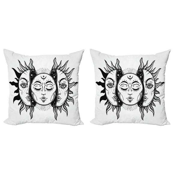Ambesonne Moon Throw Pillow Cover 2 Pack, Monochrome Sun and Moon, 20", Black White