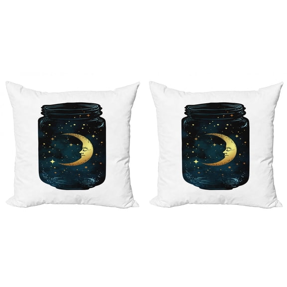 Moon Throw Pillow Cushion Cover Pack of 2, Mystical Graphic with Crescent and Night Stars in Wish Jar, Zippered Double-Side Digital Print, 4 Sizes, Teal Dark Yellow, by Ambesonne