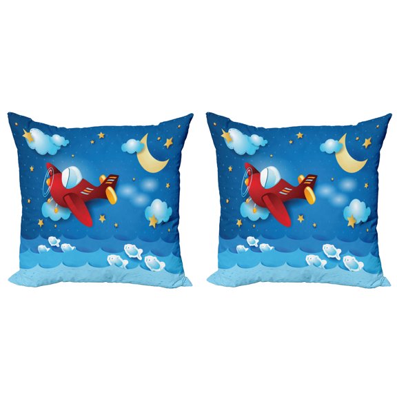 Ambesonne Moon Throw Pillow Cover 2 Pack, Moon and Stars, 16", Blue and Yellow