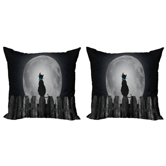 Ambesonne Moon Throw Pillow Cover 2 Pack, Cat Looking at the Moon, 20", Black Pale Grey Blue