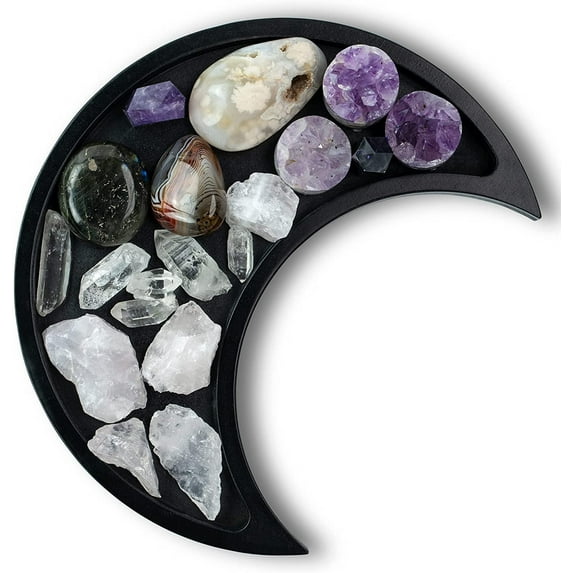 Moon Tray Crystal Holder Display - Black Wooden Crystal Tray for Stones, Healing Crystals Storage and Organizer - Crescent Gothic Witchy Coffin Spiritual Decor - Essential Oil Holder - Jewelry Dish