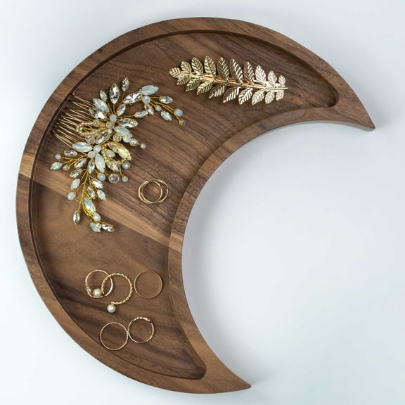 Moon Tray Crystal Holder and Display - Walnut Wood Crystal Tray for Stones, Healing Crystals and Gemstones Storage and Organizer Stand - Crescent Moon Bowl - Essential Oil Holder - Jewelry Dish Tray