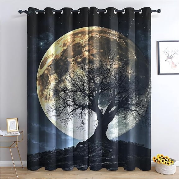 Moon Tree Curtains, Full Moon Night Patterned Blackout Curtains for Bedroom Living Room Decor, Room Darkening Thermal Insulated Grommet Drapes 53"W x 96"L (Pack of 2)