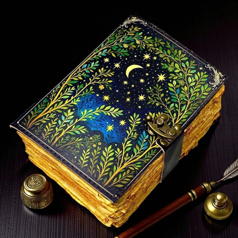Moon Tree Leather Book of Shadows – Handmade 5x7 Inch Journal, 200 Handmade Deckle Pages, Wiccan Pagan Grimoire, Witchcraft Spellbook