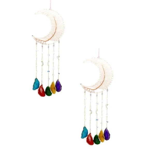 Moon Tree of Life Agate Slice Wind Chime, Handmade 7 Chakra Healing Crystal Stone Wind Chime for Home Wall Garden Decorative Ornament, Unique Gift