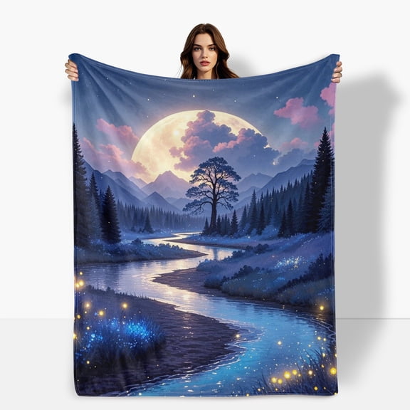 Moon Trees Wall Hanging River Flannel Blanket Soft Warm Comfortable For Sofa Bed Travel Camping Living Room Office Chair Polyester Fiber Gift For Family Or Friends