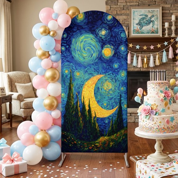 Moon Valley Arch Backdrop Covers 4 FT, Impressionist Art Mystical Twinkling Hills Galaxy Stretchy Fitted Arched Stand Covers Party Arch Stand Cover Photo Booth for Wedding Birthday Decor