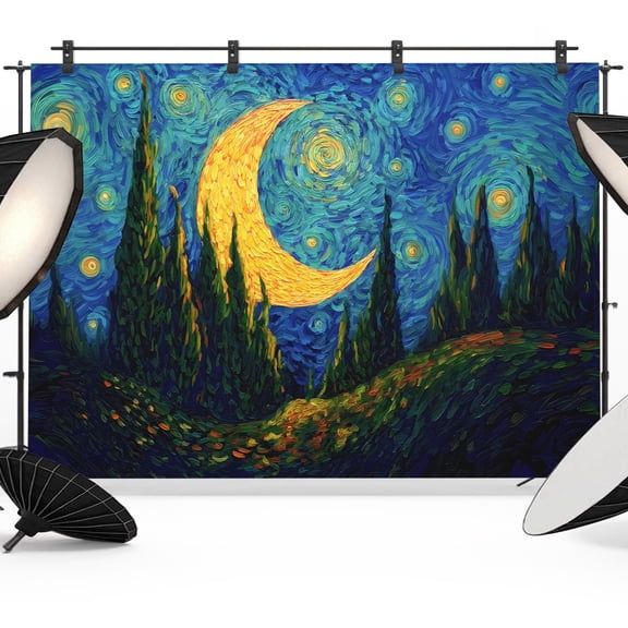 Moon Valley Backdrop for Photography, Impressionist Art Mystical Twinkling Hills Galaxy Photo Backdrop Portrait Background Party Banner Photo Backgrounds for Studio Booth Props, 8x6ft