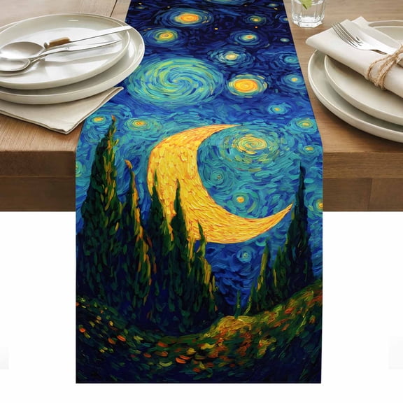 Moon Valley Cotton Linen Table Runner Impressionist Art Mystical Twinkling Hills Galaxy Dining Table Runners for Home Decor Party Dining Room Restaurant Kitchen Party 13" x 48"