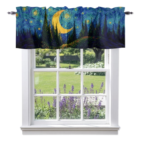 Moon Valley Valances for Windows Impressionist Art Mystical Twinkling Hills Galaxy Rod Pocket Light Filtering Short Window Treatments Curtains for Kitchen Bathroom Bedroom, 1 Panel, 56 x 16 Inch