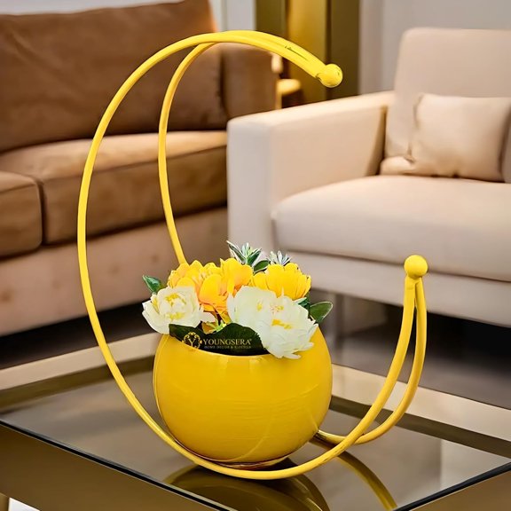 Moon Vase, Flower Vase For Living Room & Table Dcor, Dining Table - Yellow | Table Decoration Items | Show Piece For Gift & Home Dcor | Planters, Flower Pot For Dining Table Dcor
