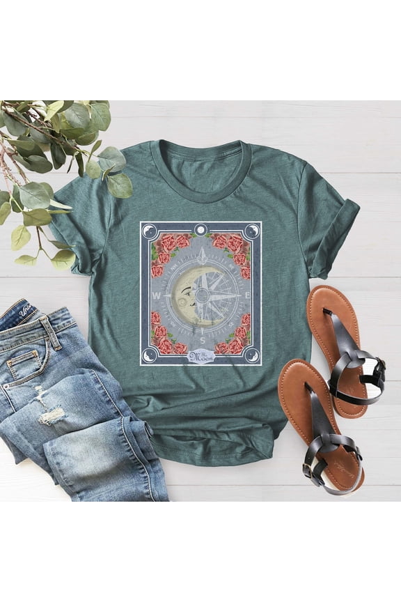 The Moon Vintage Shirt, Celestial Shirt, The Moon and Rose Tarot Card Shirt, Moon Compass Shirt, Summer Shirt, Spring Shirts, Mystical Shirt Tshirt All Size S-5XL
