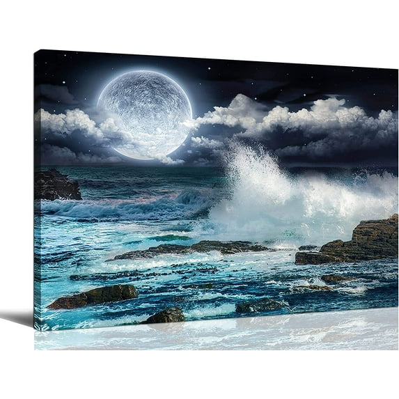 Moon Wall-Art - Bathroom Decor Wall-Art - Sea Ocean Landscape Picture Modern Artwork for Bedroom Blue Canvas Art Ready to Hang 12x16 Inch
