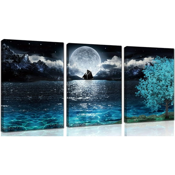 Moon Wall-Art - Teal Ocean Modern Decor Wall Decor For Living Room - Wall Art For Bedroom On Canvas Framed Size 12x16 Inches x3 Pieces