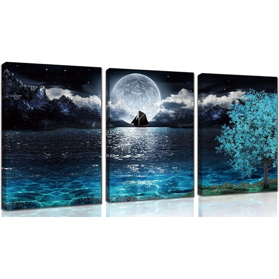 Moon Wall-Art - Teal Ocean Modern Decor Wall Decor for Living Room - Wall Art for Bedroom On Canvas Framed Size 12x16 Inches x3 Pieces